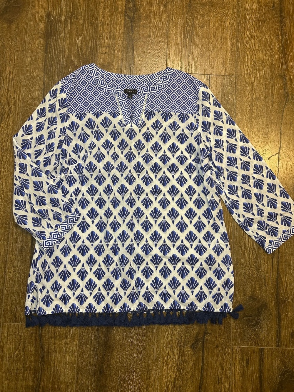 NEW Talbots Blue White Cotton Tunic Blouse Geometric Print Tasseled Hem Top M